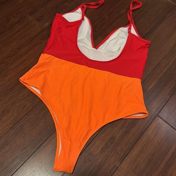 Red & Orange Color Block One Piece Bathing Suit - Brand New - Size Large - Picture 2 of 3